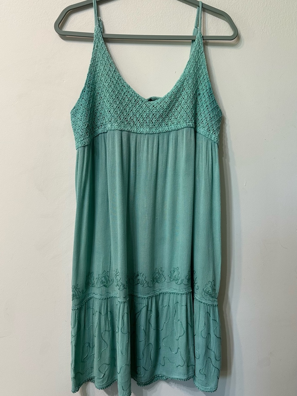 Raya Sun Green Crochet Sundress Scoop Neck Spaghetti Strap Knee Length L